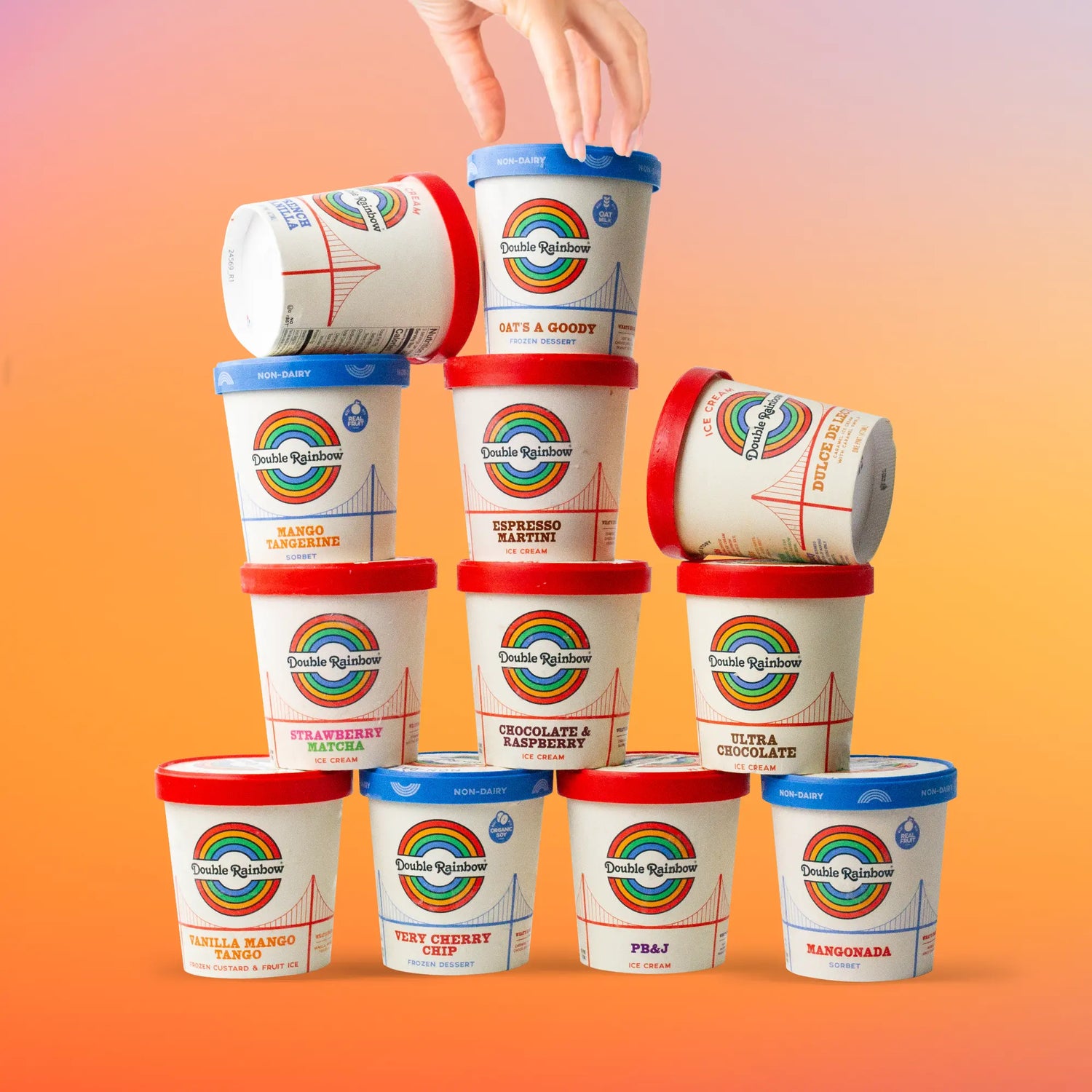 Stacks of Double Rainbow Ice Cream Pints