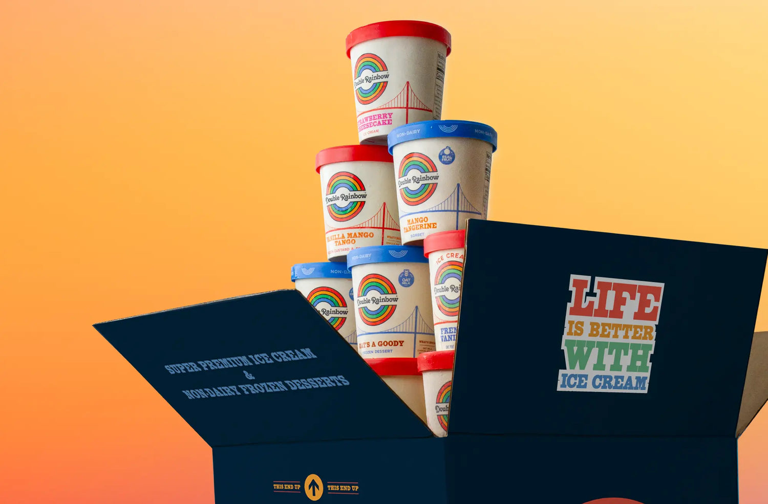 Stack of Double Rainbow Pints in a branded shipping box
